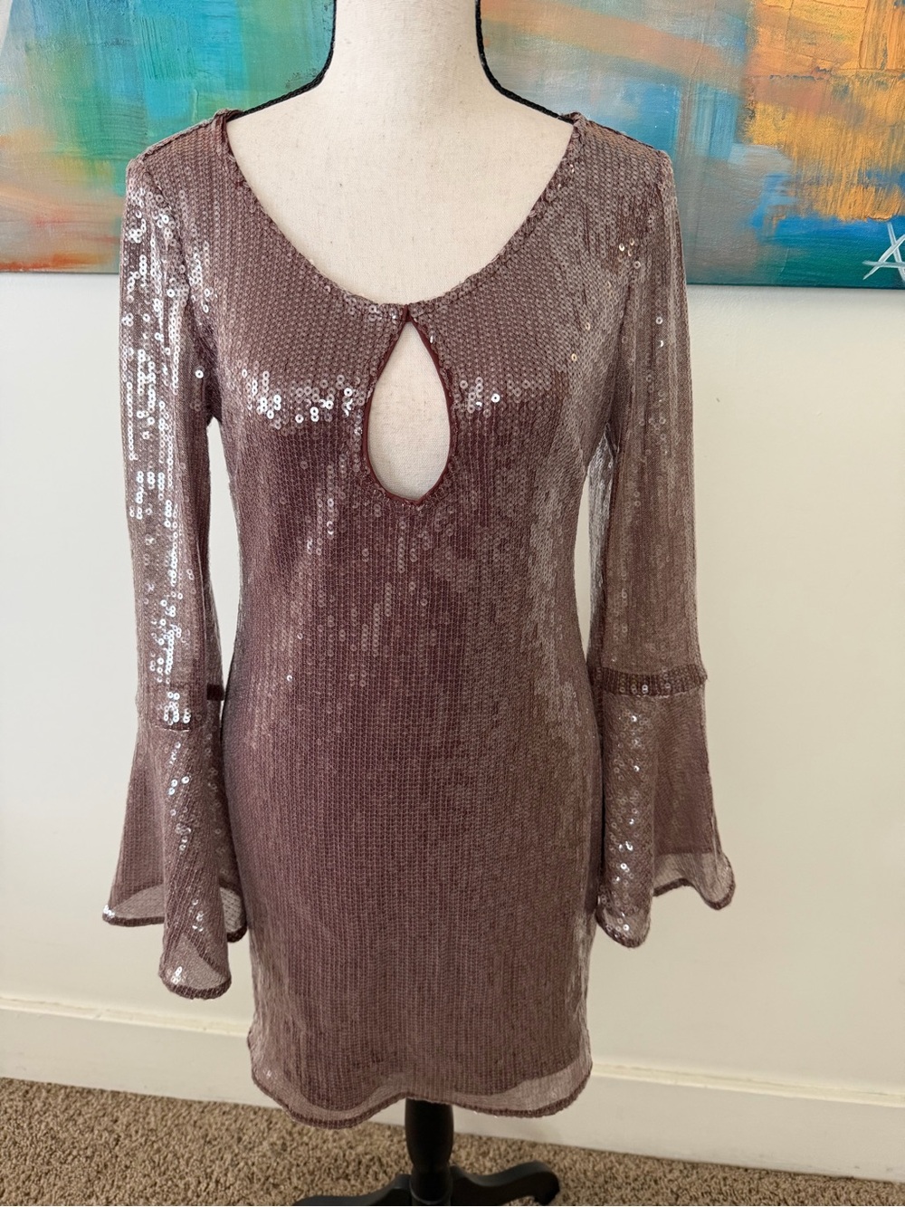 Hutch Sequin Bell Sleeves Mini Dress Excellent Mauve Small